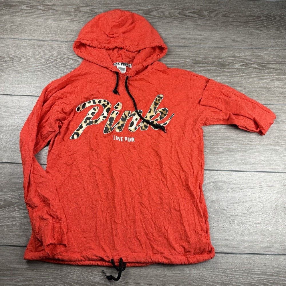 Victorias Secret Pink Women's Pullover Cheetah Logo Hoodie Red Medium - Picture 2 of 9